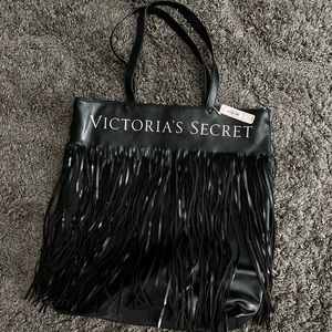 Victoria’s Secret Black Faux Leather Fringe Tote Bag